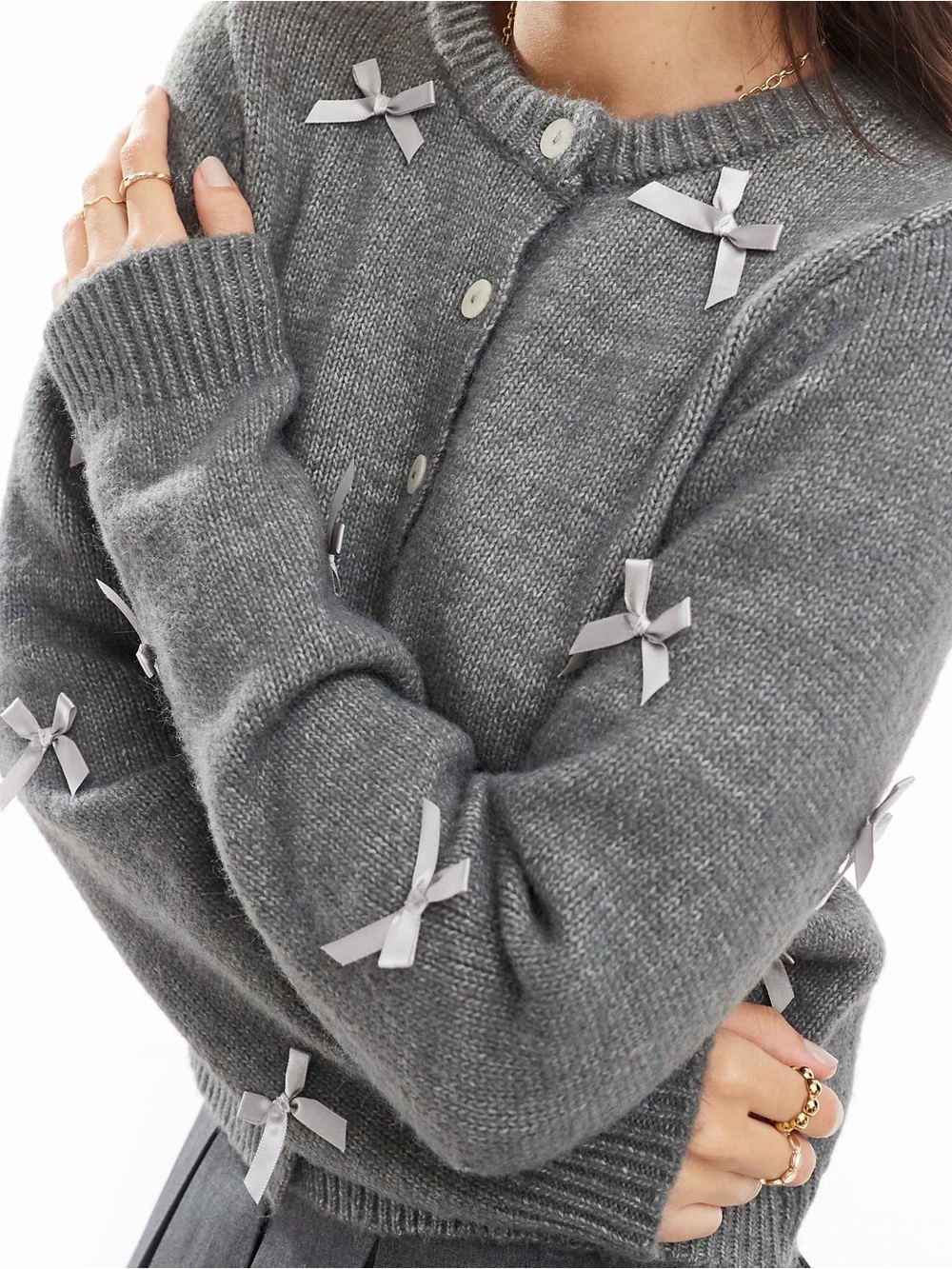 Cotton On Crew Neck Bow Cardigan Graphite Gray Size Medium NWT